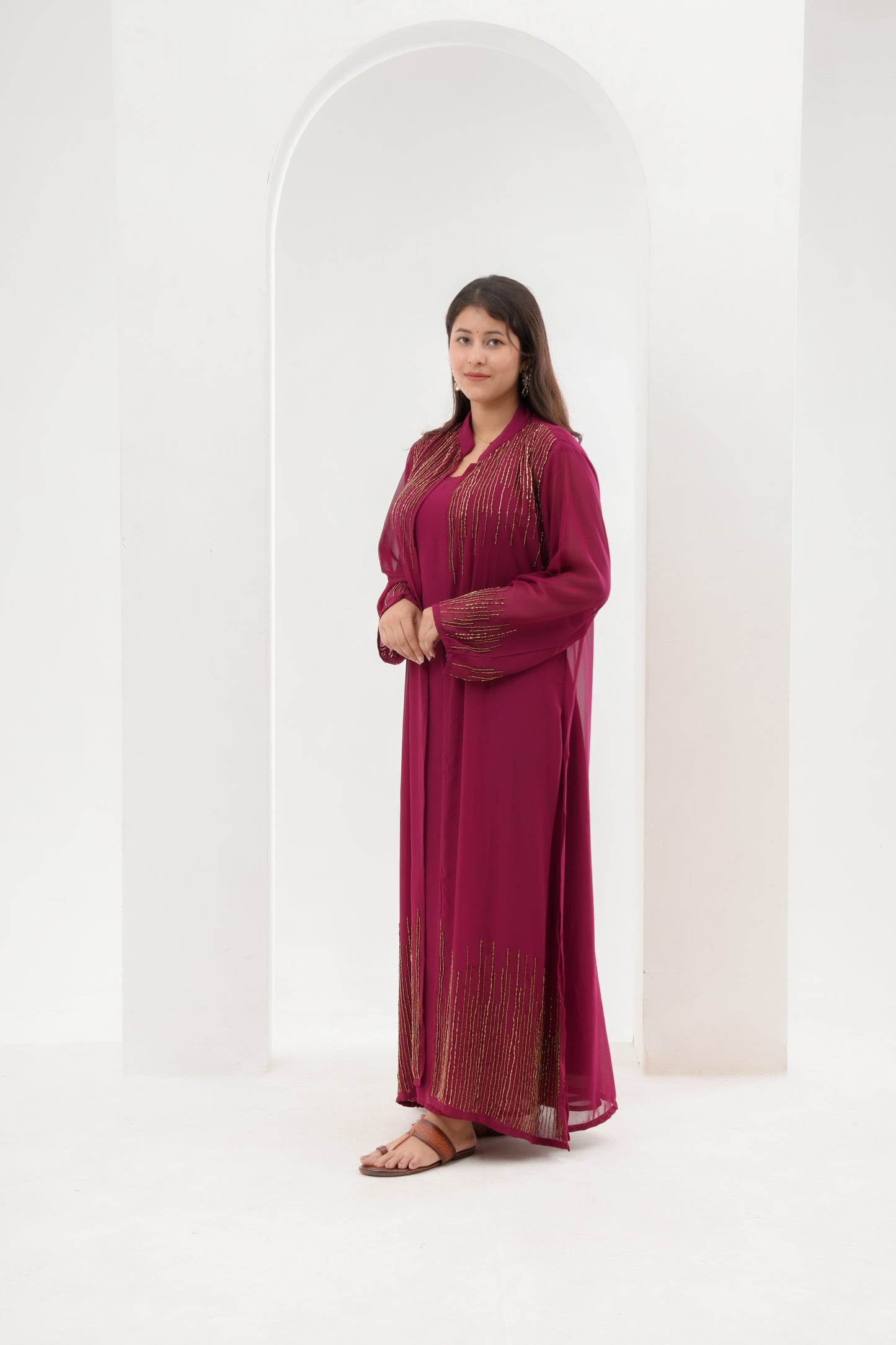 wine, zari & cutdana hand embroidery, viscose georgette, gown