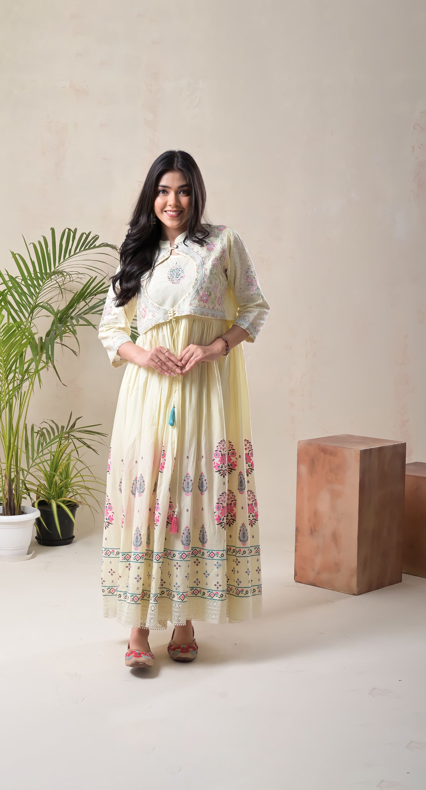 lemon yellow, block print, thread embroidery multi cotton ,anarkali suit