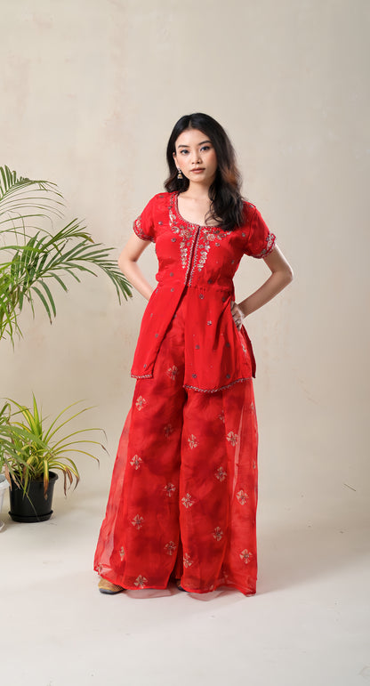 Red, Zari Hand Embroidery on Top, Tie Dye Pattern on Palazzo