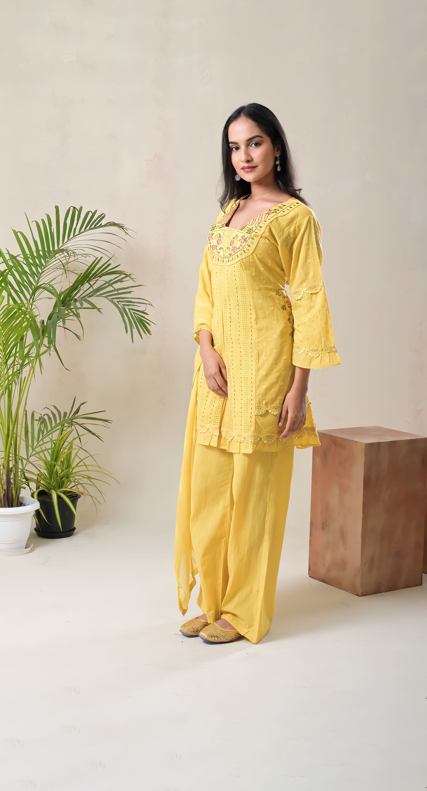 sunflower yellow, thread embroidery, schiffli work, cotton suit