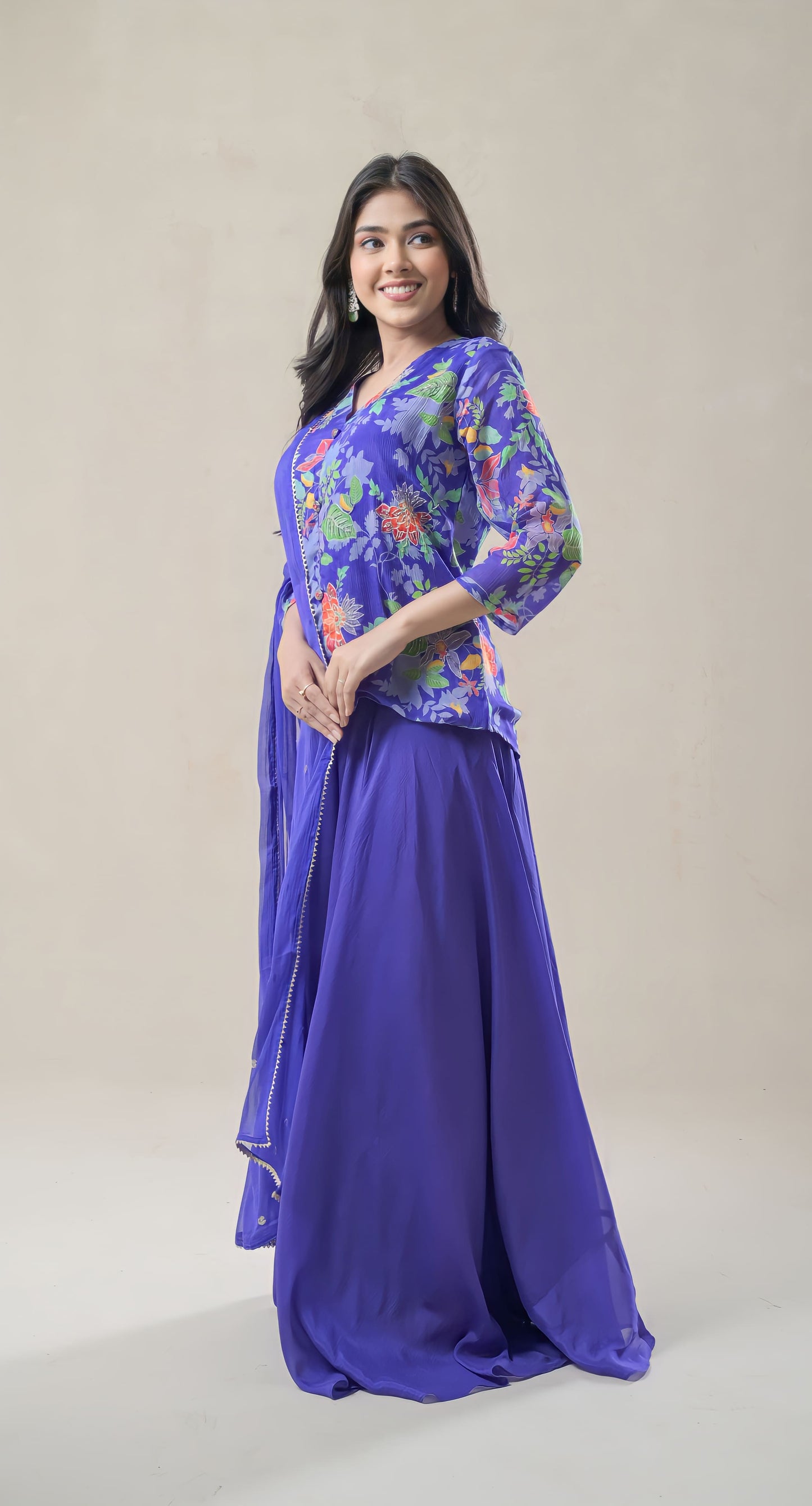 purple, resham embroidery, short top & flare palazzo georgette palazzo/sharara