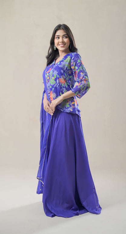 Purple, Resham Embroidery, Short Top & Flare Palazzo Georgette Palazzo/Sharara