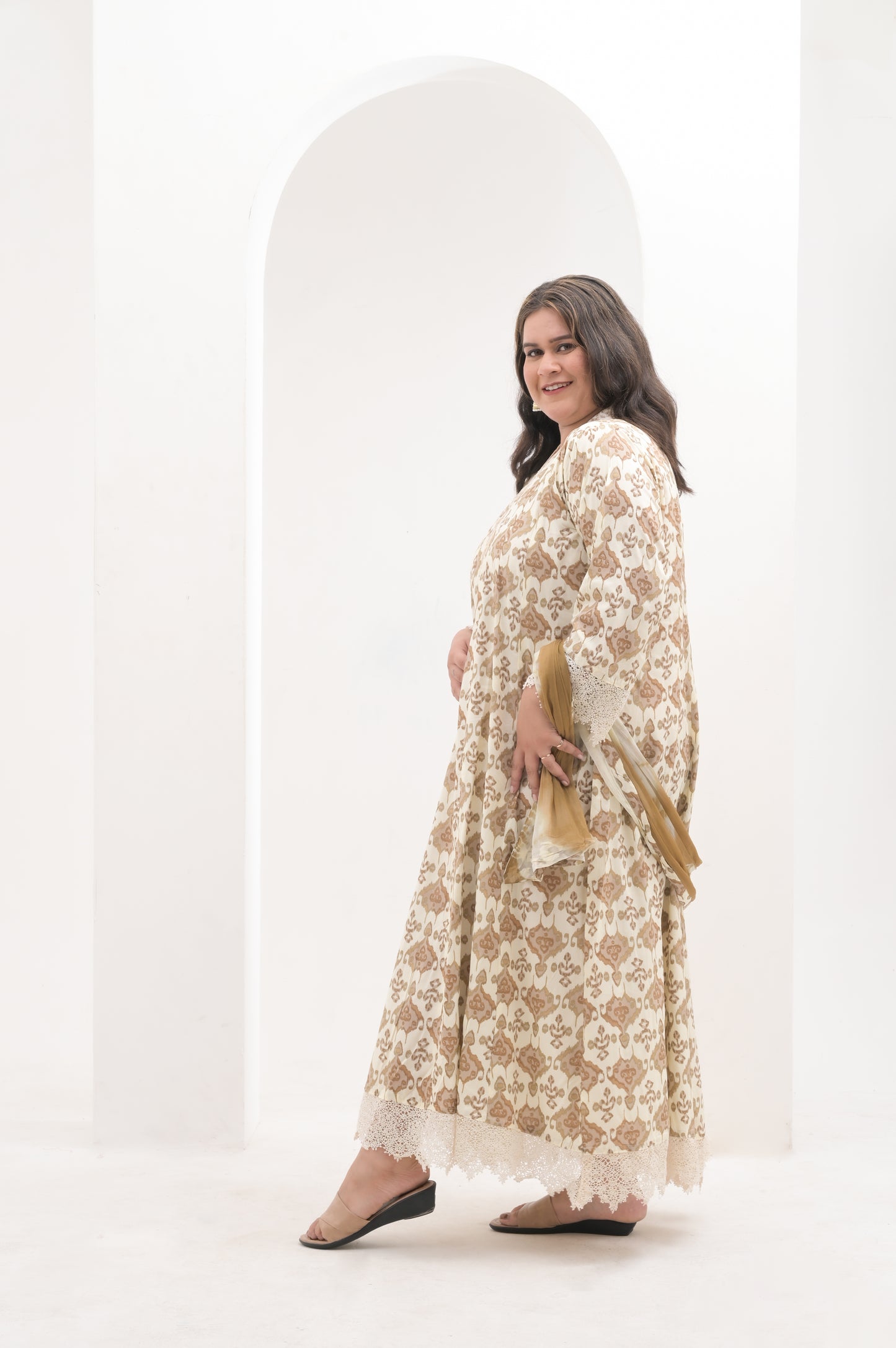 off white, mirror work neckline, lace sleeves, ikkat print, cotton anarkali suit set