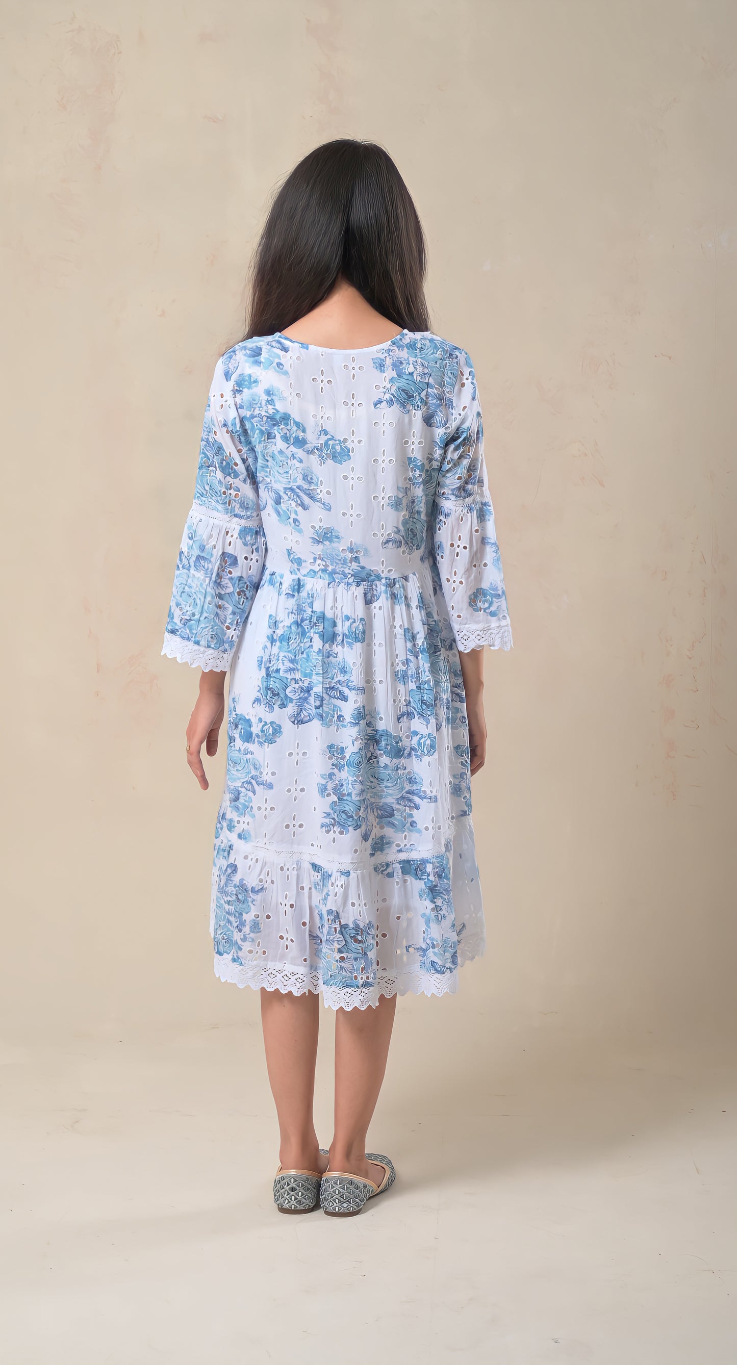 white & blue, floral, lace tassels & dori, cotton, short dress