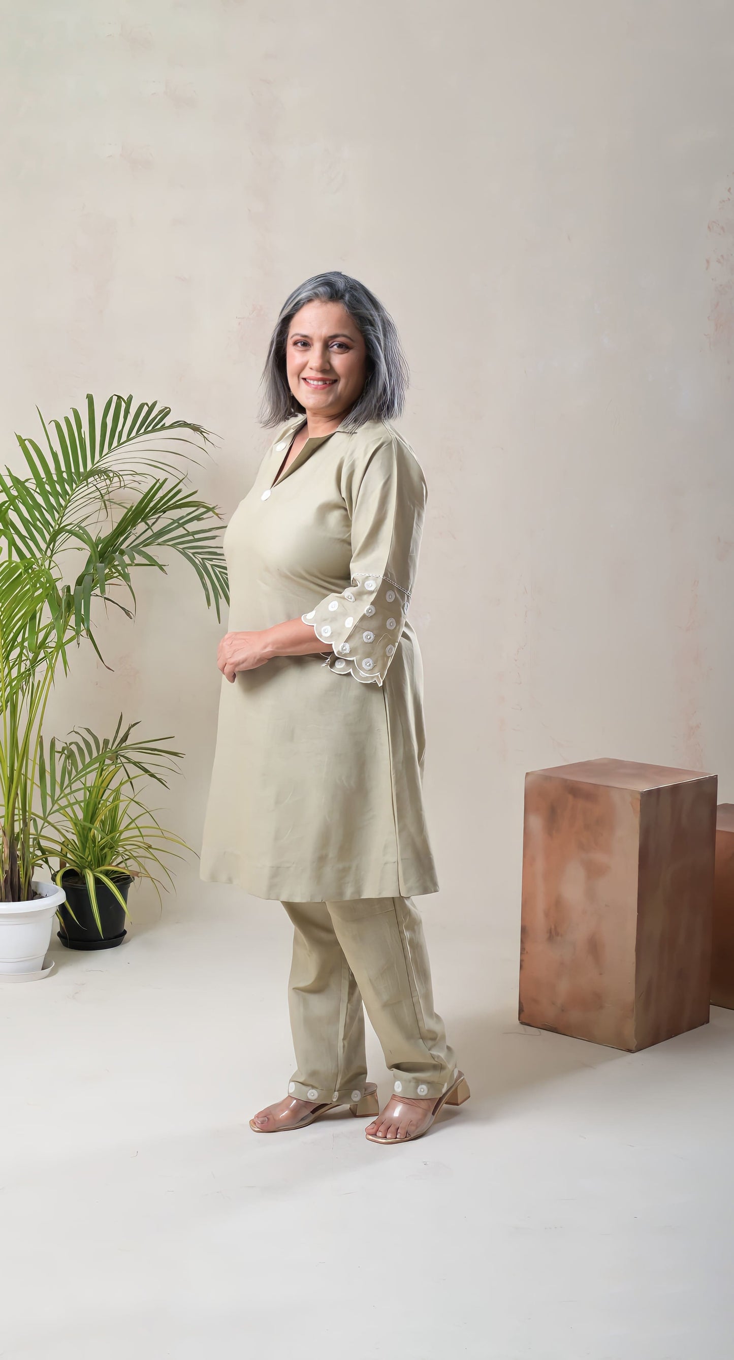 pistachio green, thread embroidered, linen cotton co-rd set