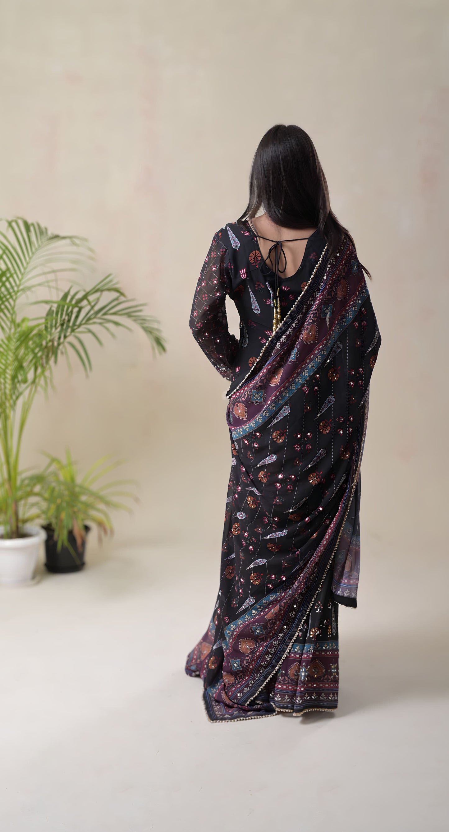 black, digital print, mughal motifs, mirror work, crepe & georgette sharara