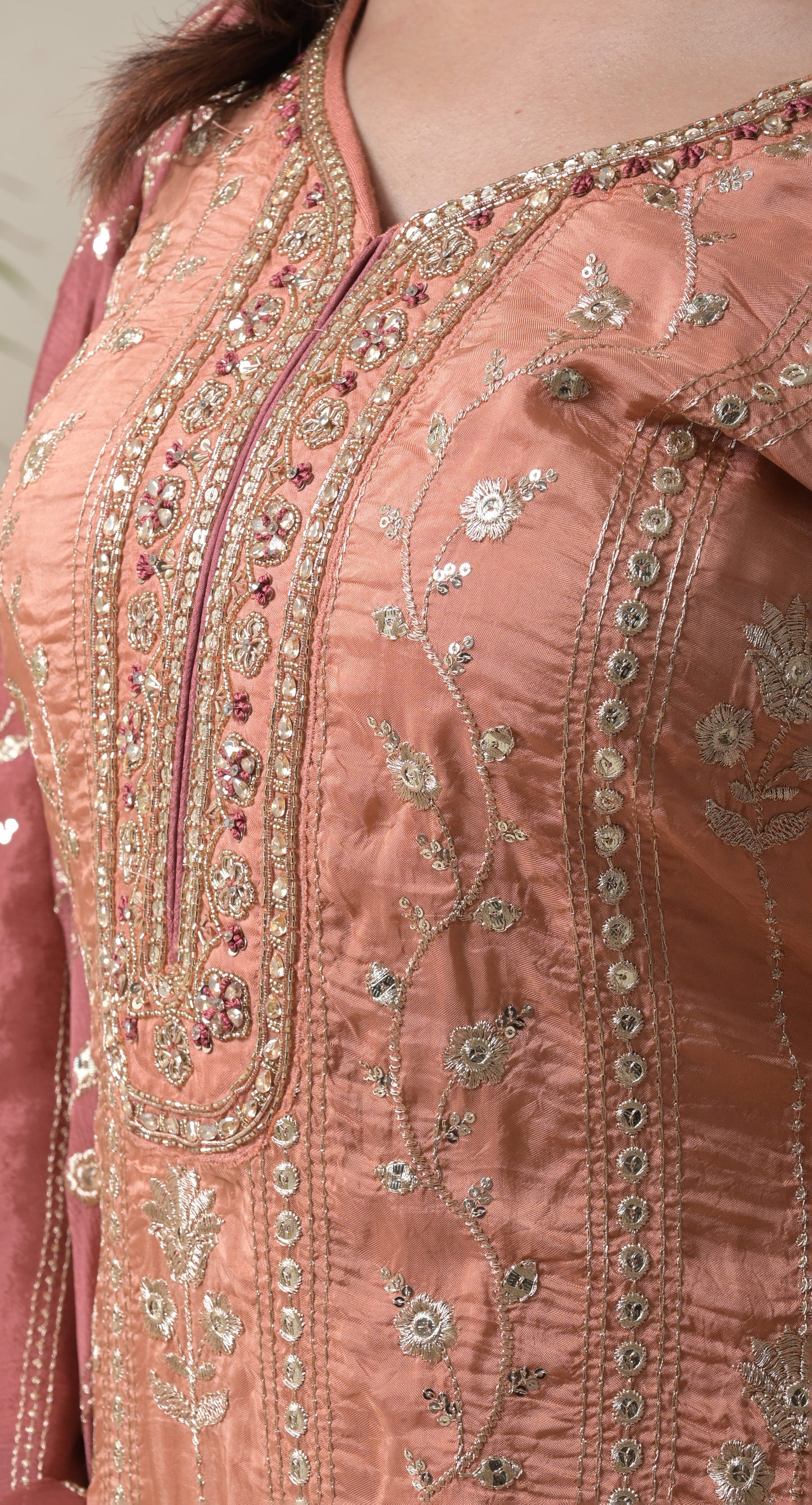 rust, aari work, silk lehnga