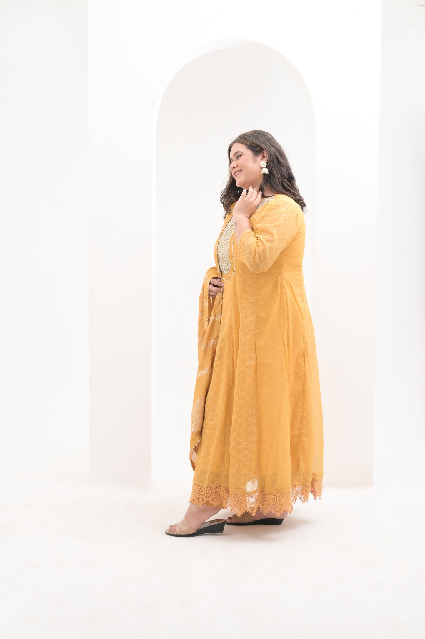 mustard yellow, foil print & mirror work, mustard,  georgette  anarkali suit