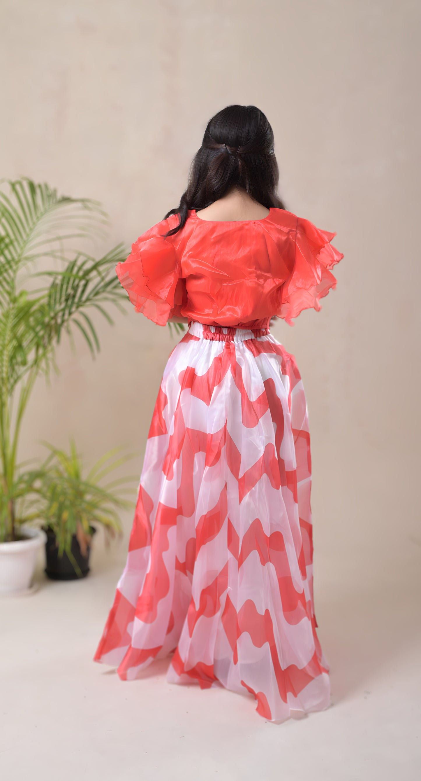 orange, ruffle sleeve blouse & digital abstract  print skirt, organza skirt set