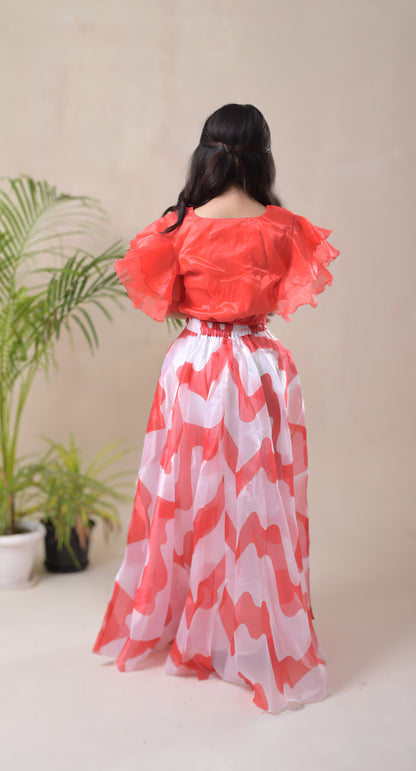 Orange, Ruffle Sleeve Blouse & Digital Abstract  Print Skirt, Organza Skirt Set