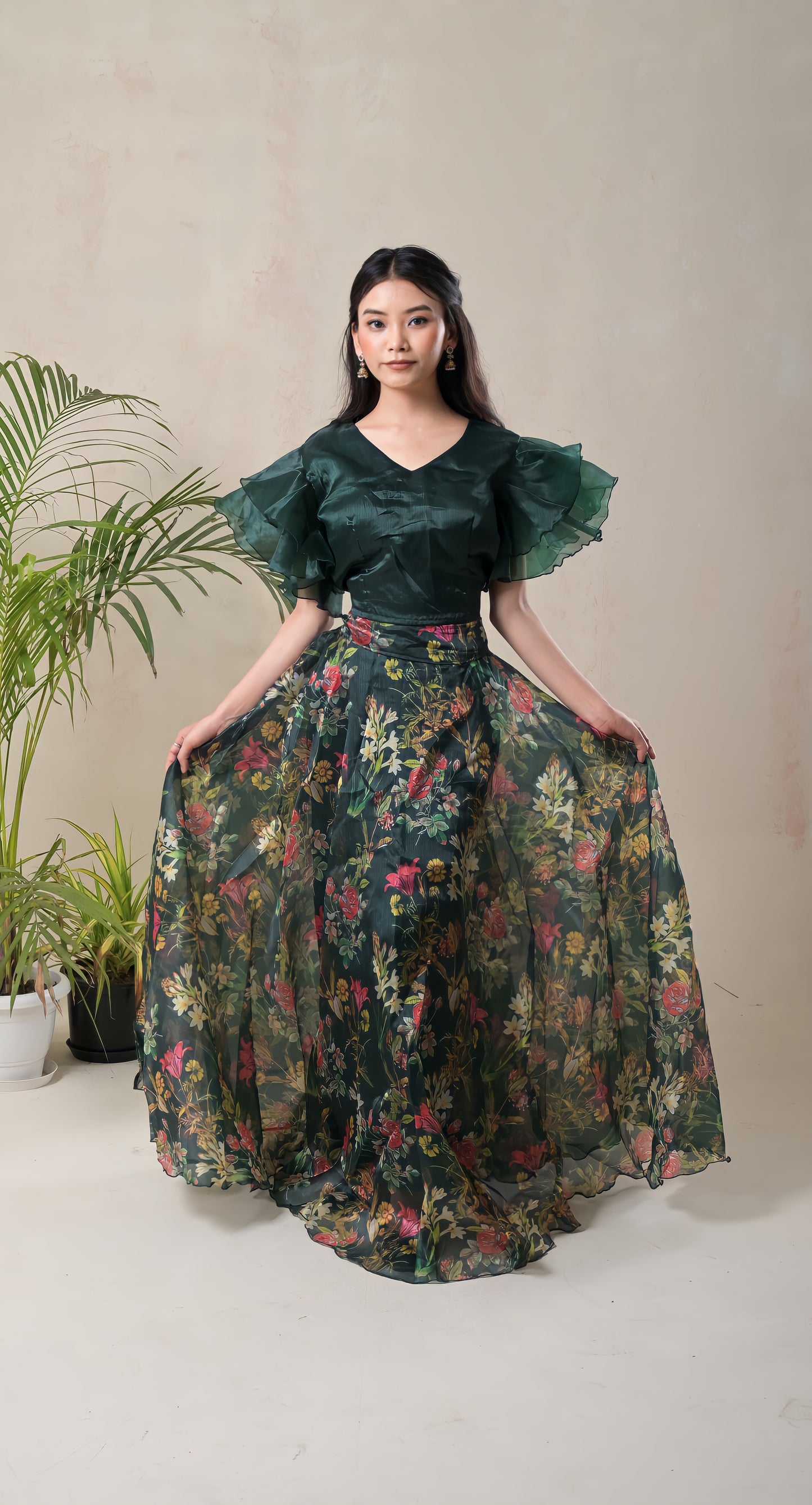 dark green, ruffle sleeves blouse, floral skirt, organza skirt set