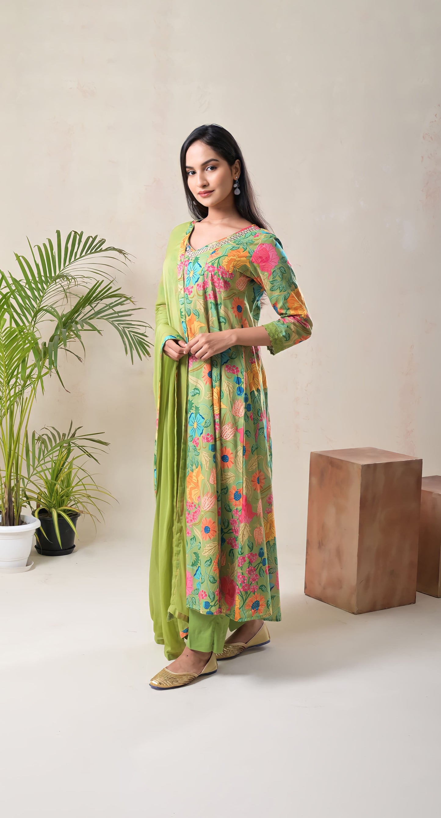 parrot green, mirror work, anarkali, floral printed, mirror work, cotton suit