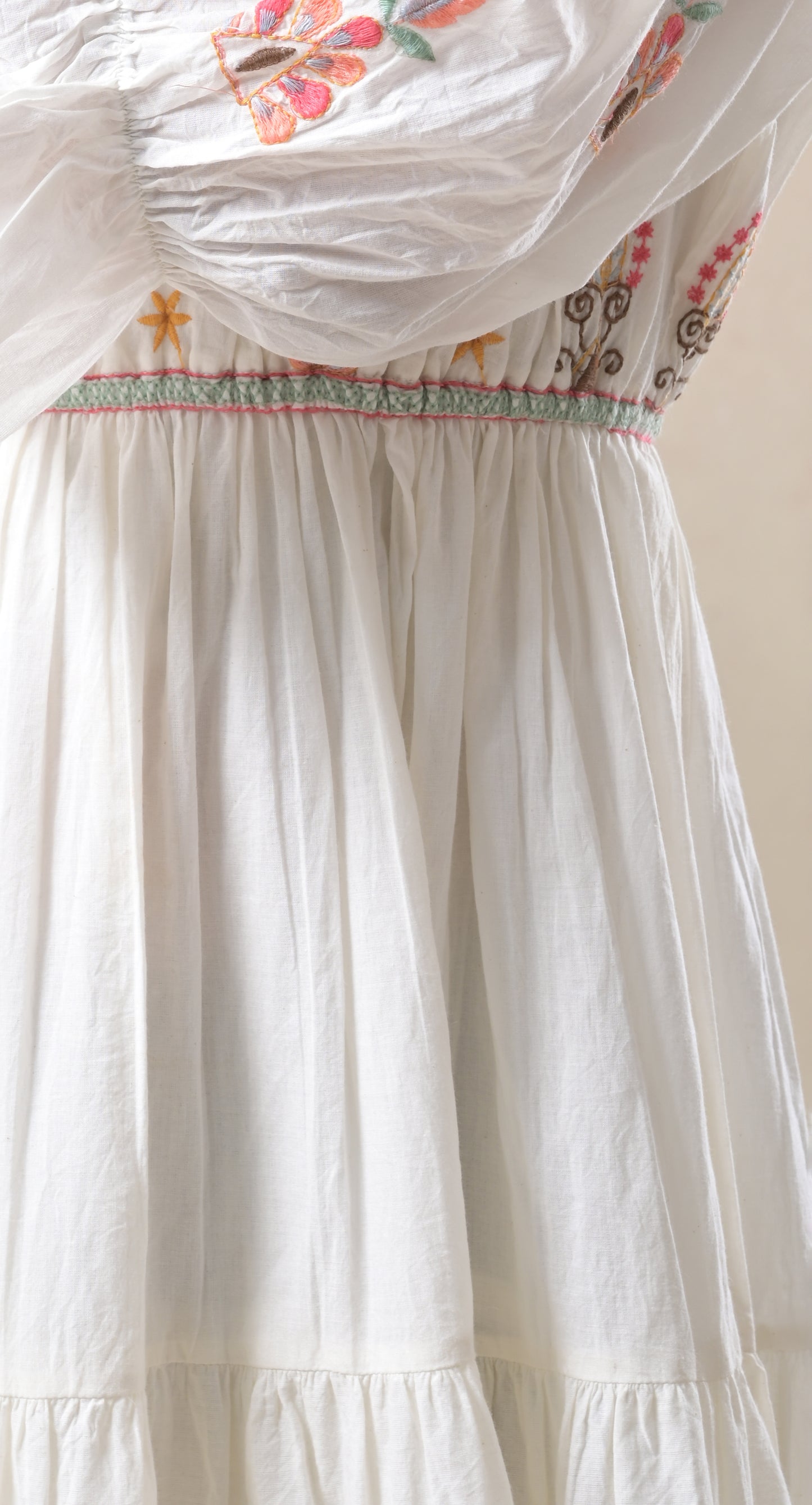 white, resham embroidery, tassels & dori, mul cotton, short dress