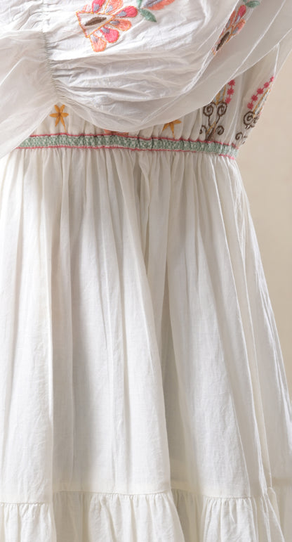 White, Resham Embroidery, Tassels & Dori, Mul Cotton, Short Dress