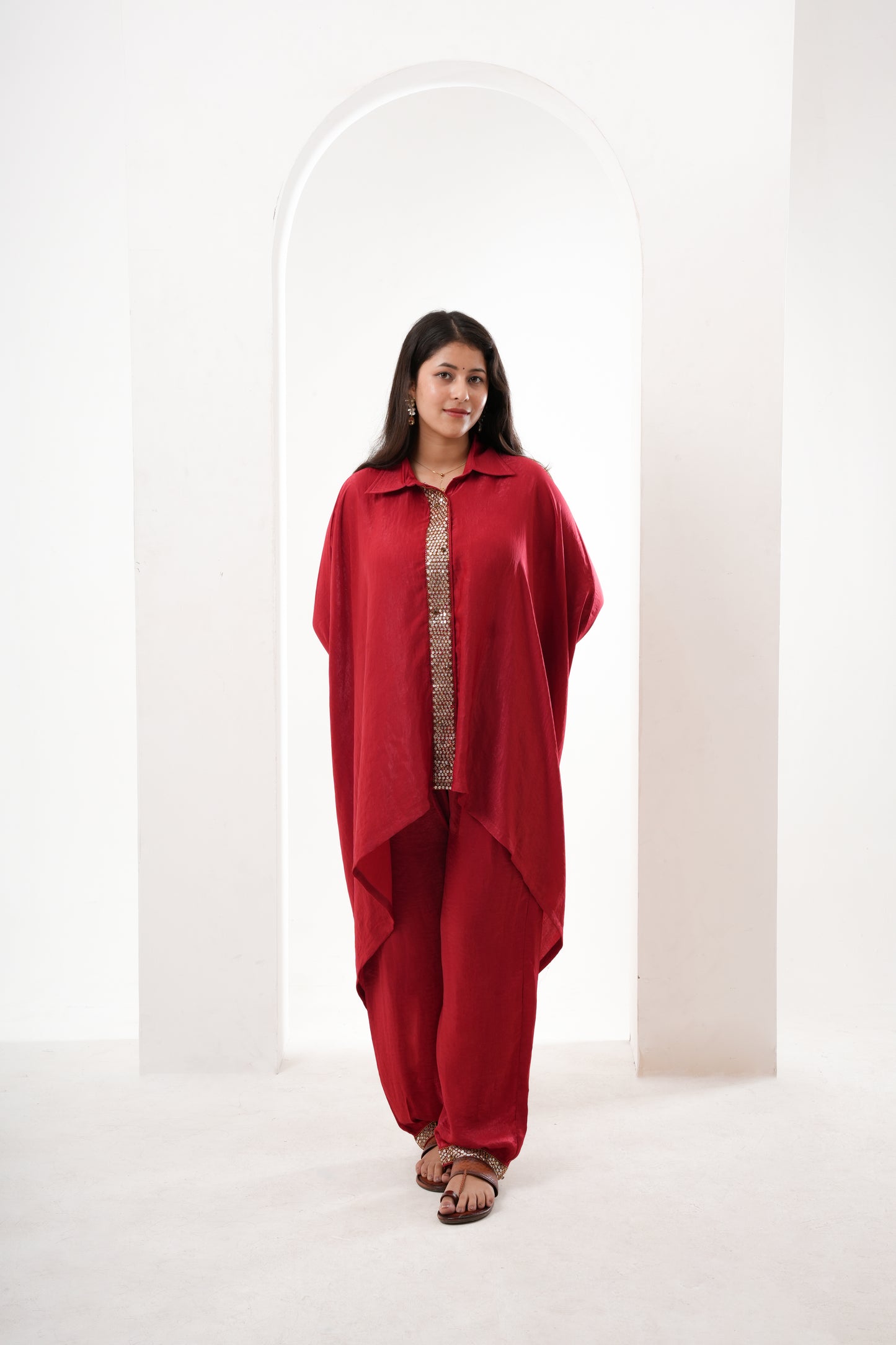 red, kaftan style, sequence & cutdana hand embroidery co-rd set