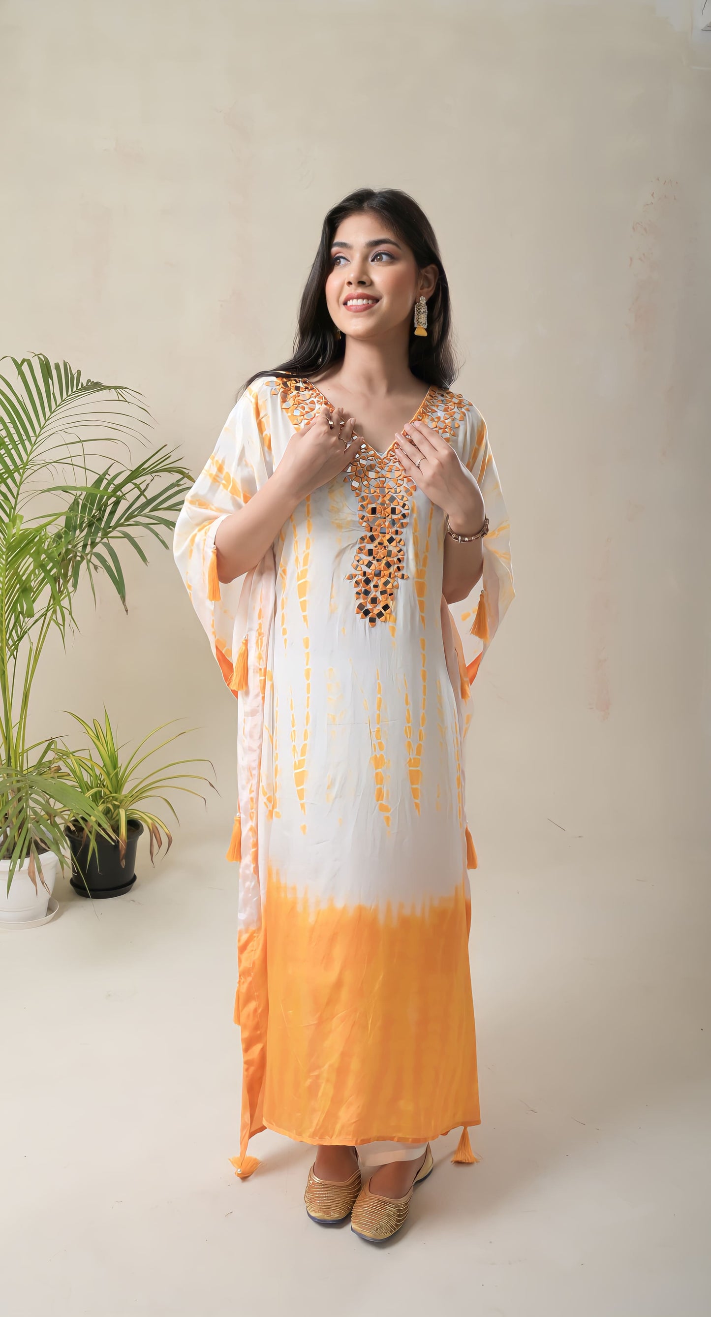 white & yellow ombre, mirror work, crepe , kaftan co-rd set