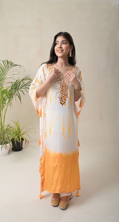 White & Yellow Ombre, Mirror Work, Crepe , Kaftan Co-rd Set