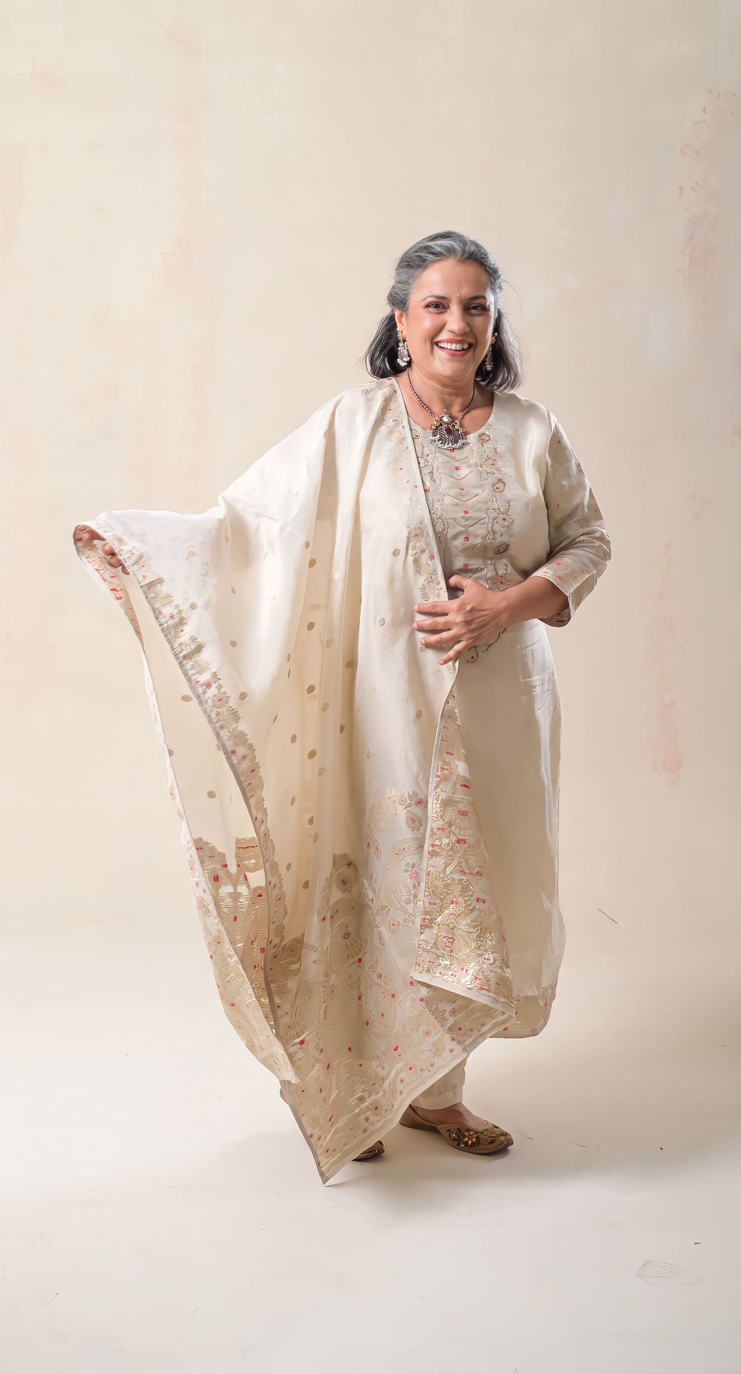 tissue banarasi ivory straight suit set