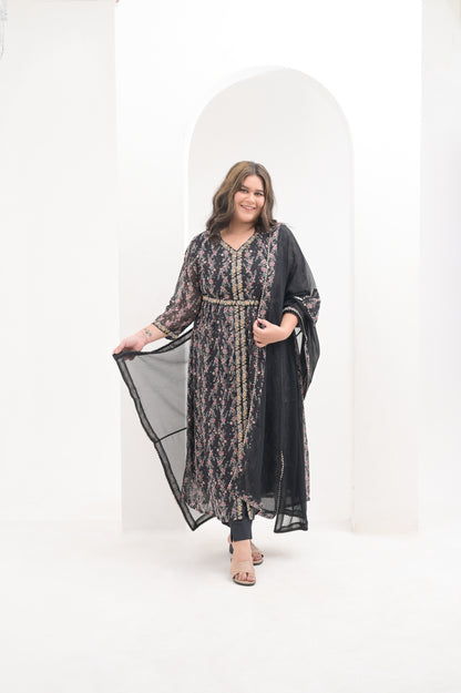 Black, Floral Print, Front Slit, Thread Embroidered, Straight Pants, Georgette Suit Set