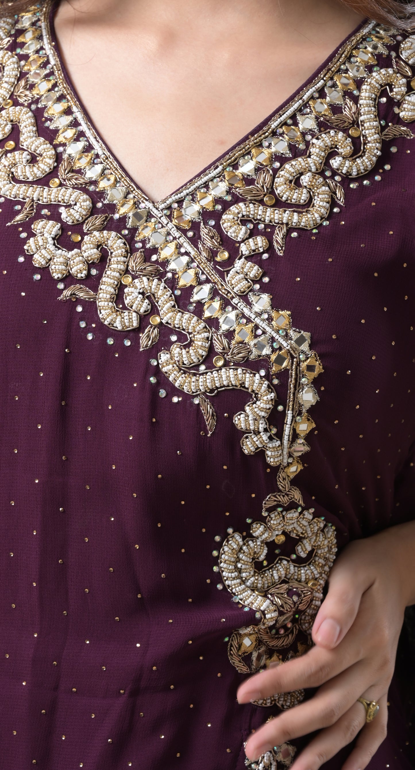 wine, georgette, angrakha style, beadwork and cutdana work gown