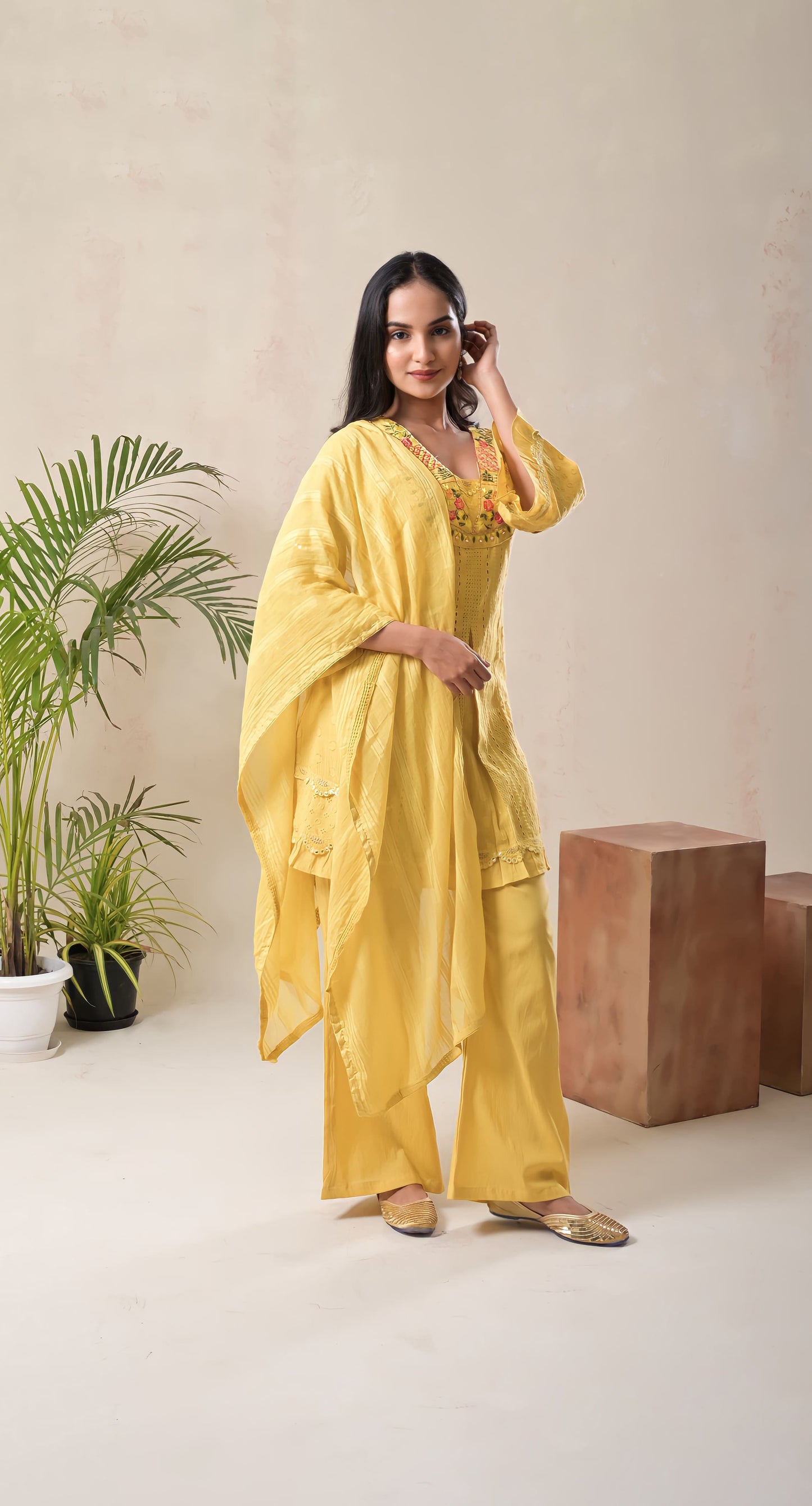 sunflower yellow, thread embroidery, schiffli work, cotton suit