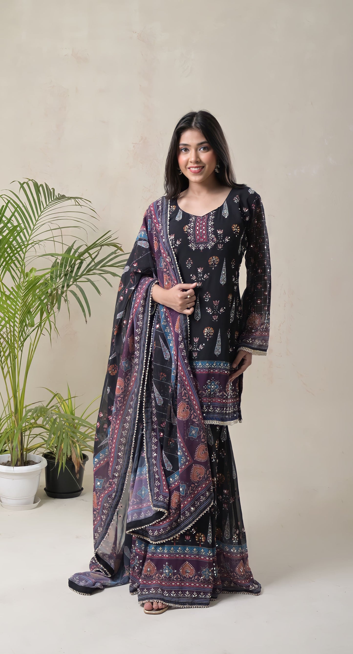 black, digital print, mughal motifs, mirror work, crepe & georgette sharara