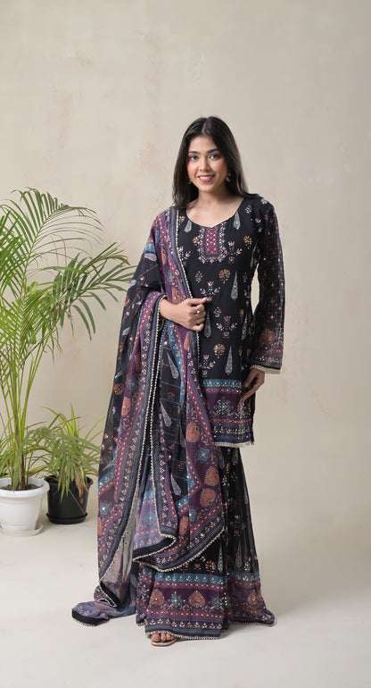 Black, Digital Print, Mughal Motifs, Mirror Work, Crepe & Georgette Sharara