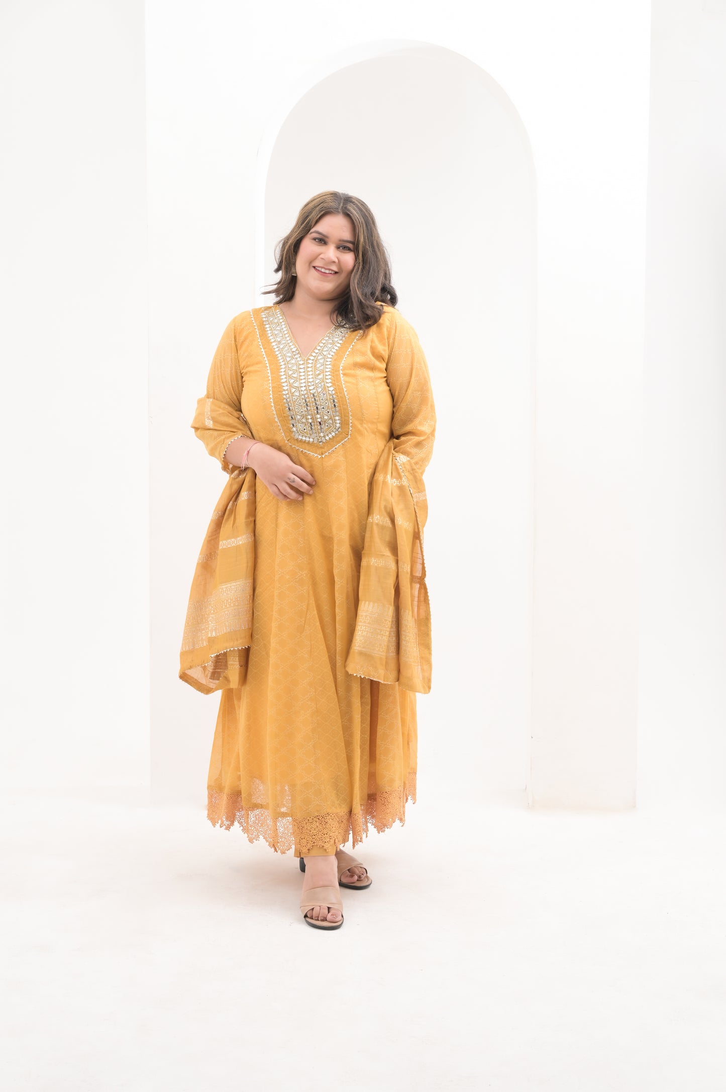 mustard yellow, foil print & mirror work, mustard,  georgette  anarkali suit