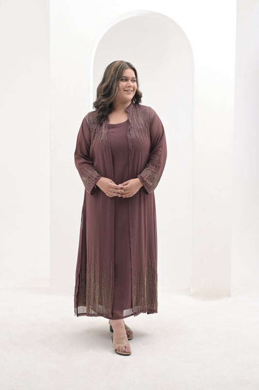 Brown, Zari & Cutdana Hand Work, Viscose Georgette, Gown.