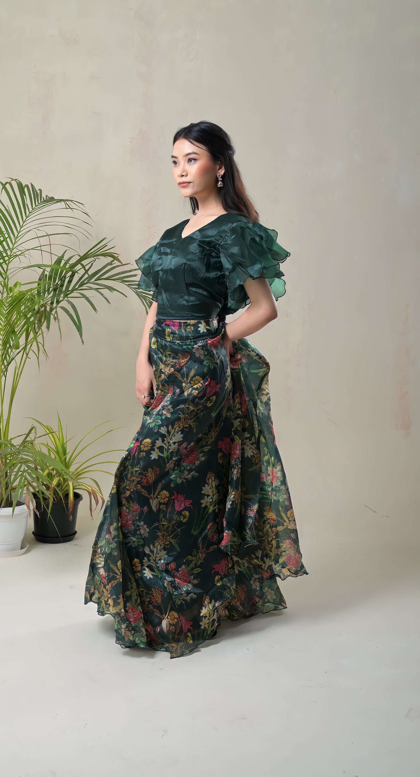 dark green, ruffle sleeves blouse, floral skirt, organza skirt set