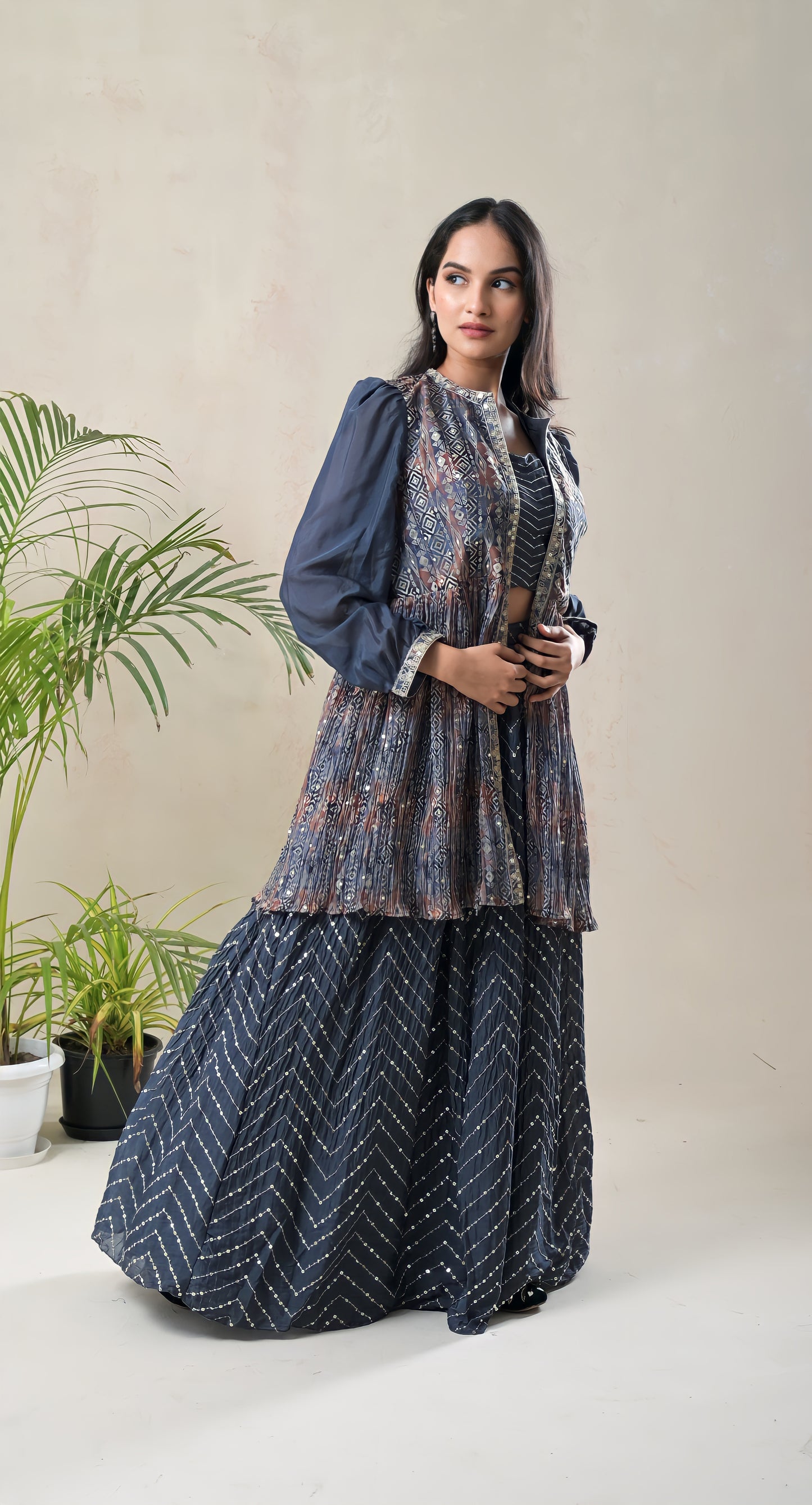 greyish blue, sequence work, jacket style, georgette, lehnga with crop top