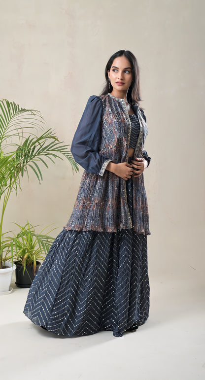 Greyish Blue, Sequence Work, Jacket Style, Georgette, Lehnga with Crop Top