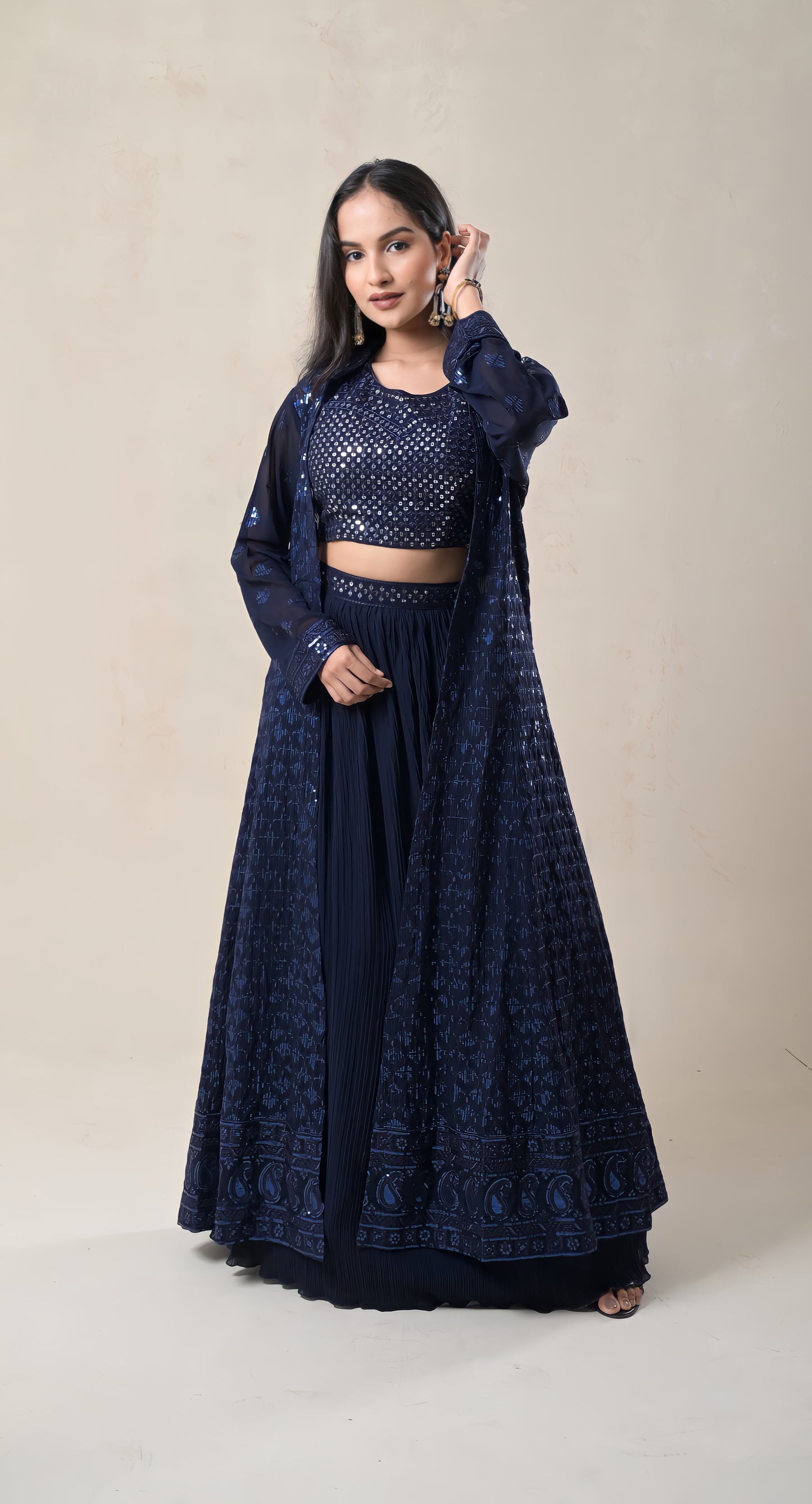 navy blue, long jacket style, crop top , mirror & sequence work, chinon, lehnga set