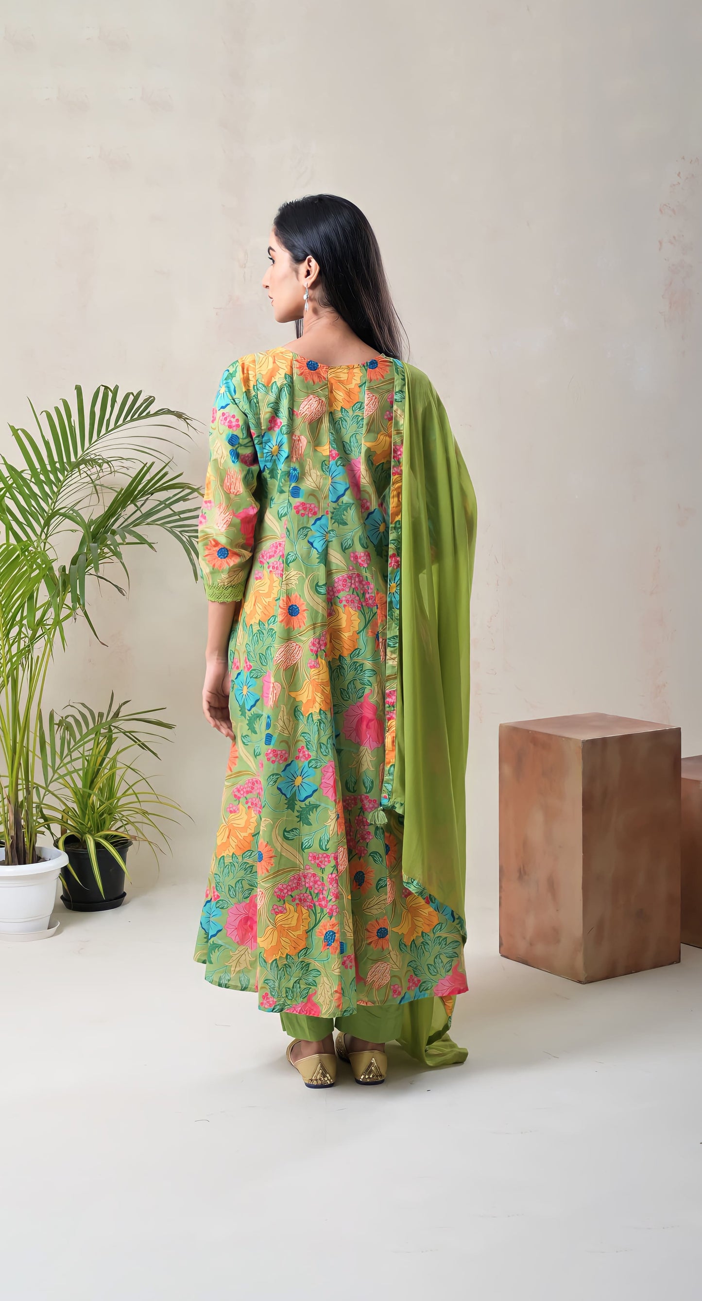 parrot green, mirror work, anarkali, floral printed, mirror work, cotton suit