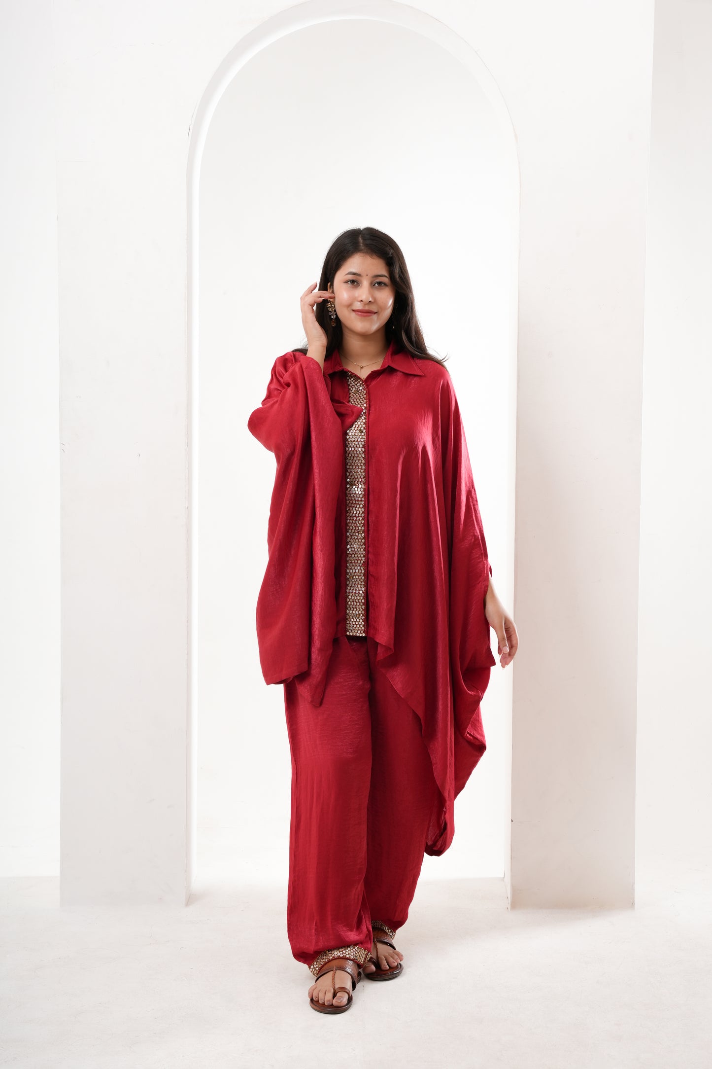 red, kaftan style, sequence & cutdana hand embroidery co-rd set