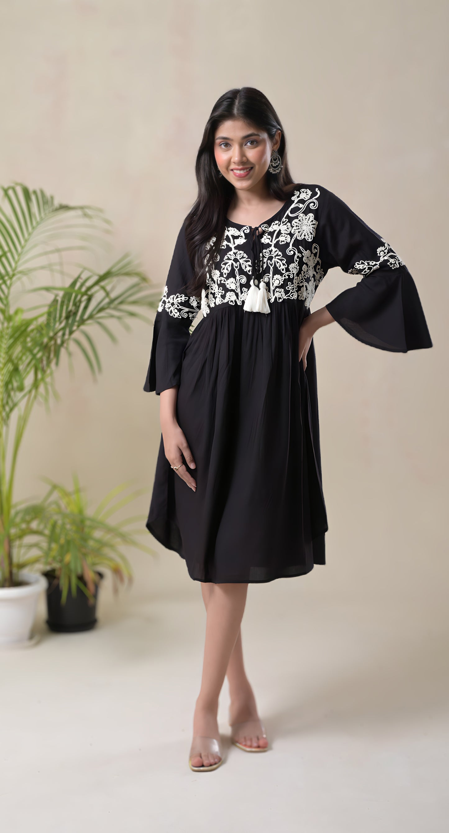 black, thread embroidered , rayon, smart casual, short dress