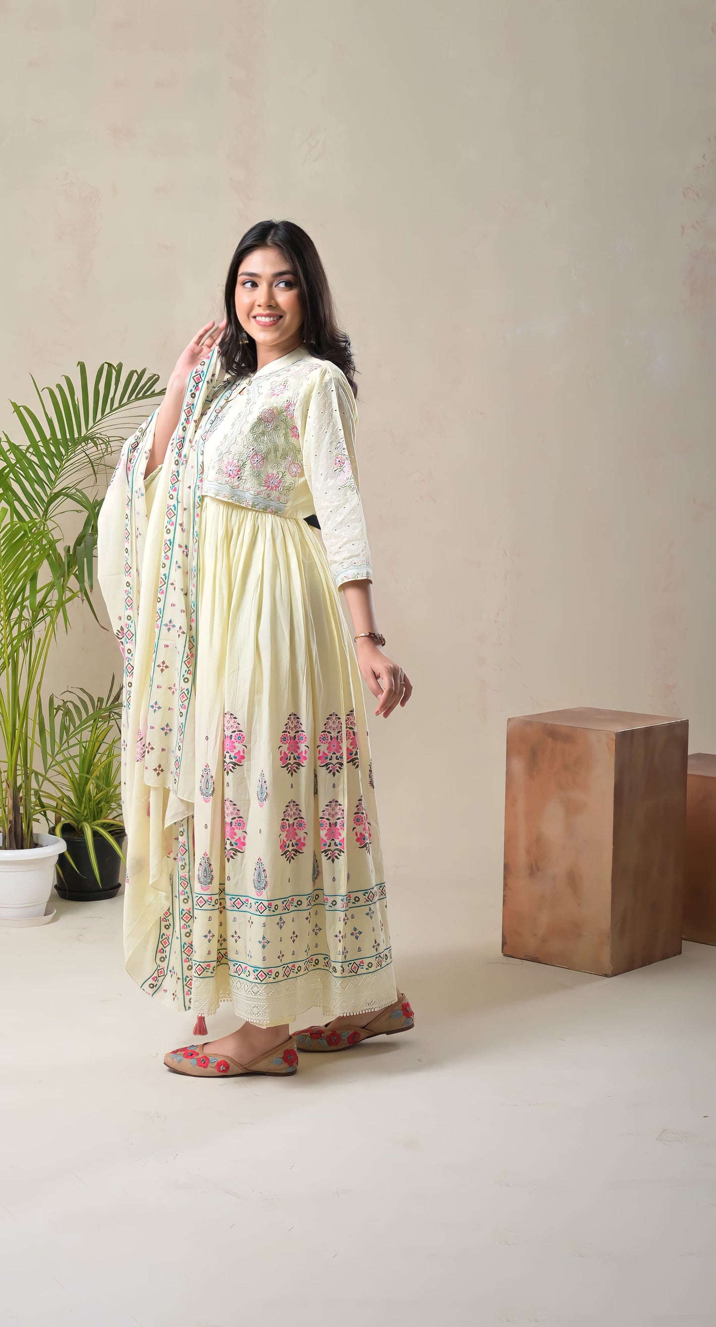 lemon yellow, block print, thread embroidery multi cotton ,anarkali suit