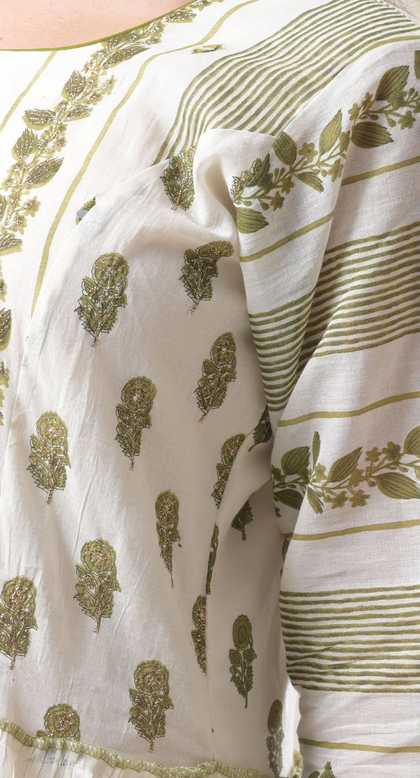 white & green, block print, cotton gown