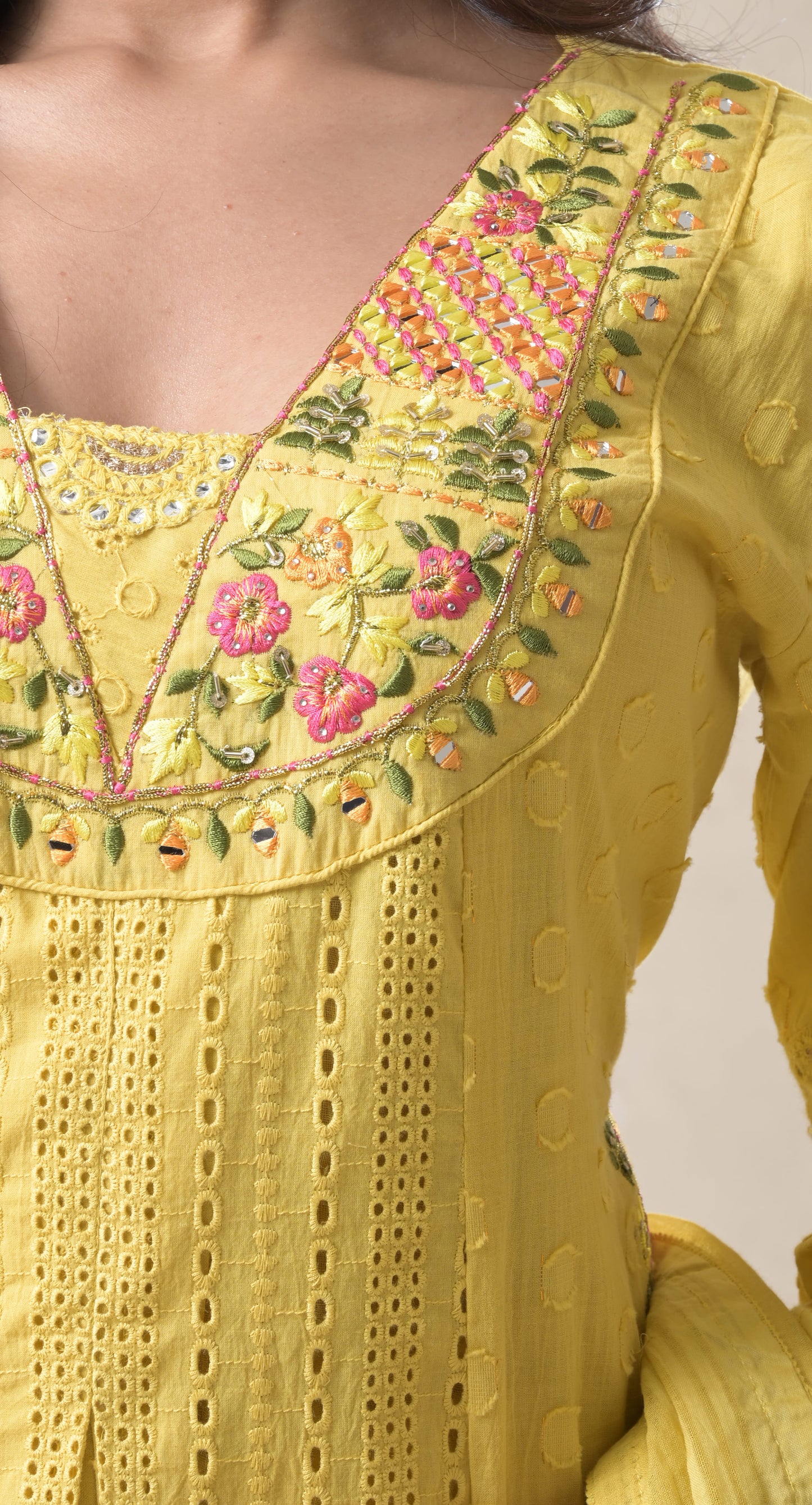 sunflower yellow, thread embroidery, schiffli work, cotton suit