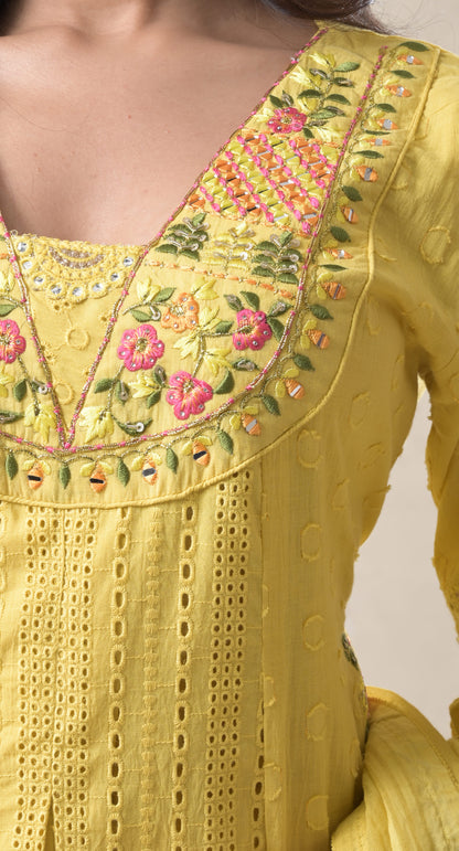 Sunflower Yellow, Thread Embroidery, Schiffli Work, Cotton Suit