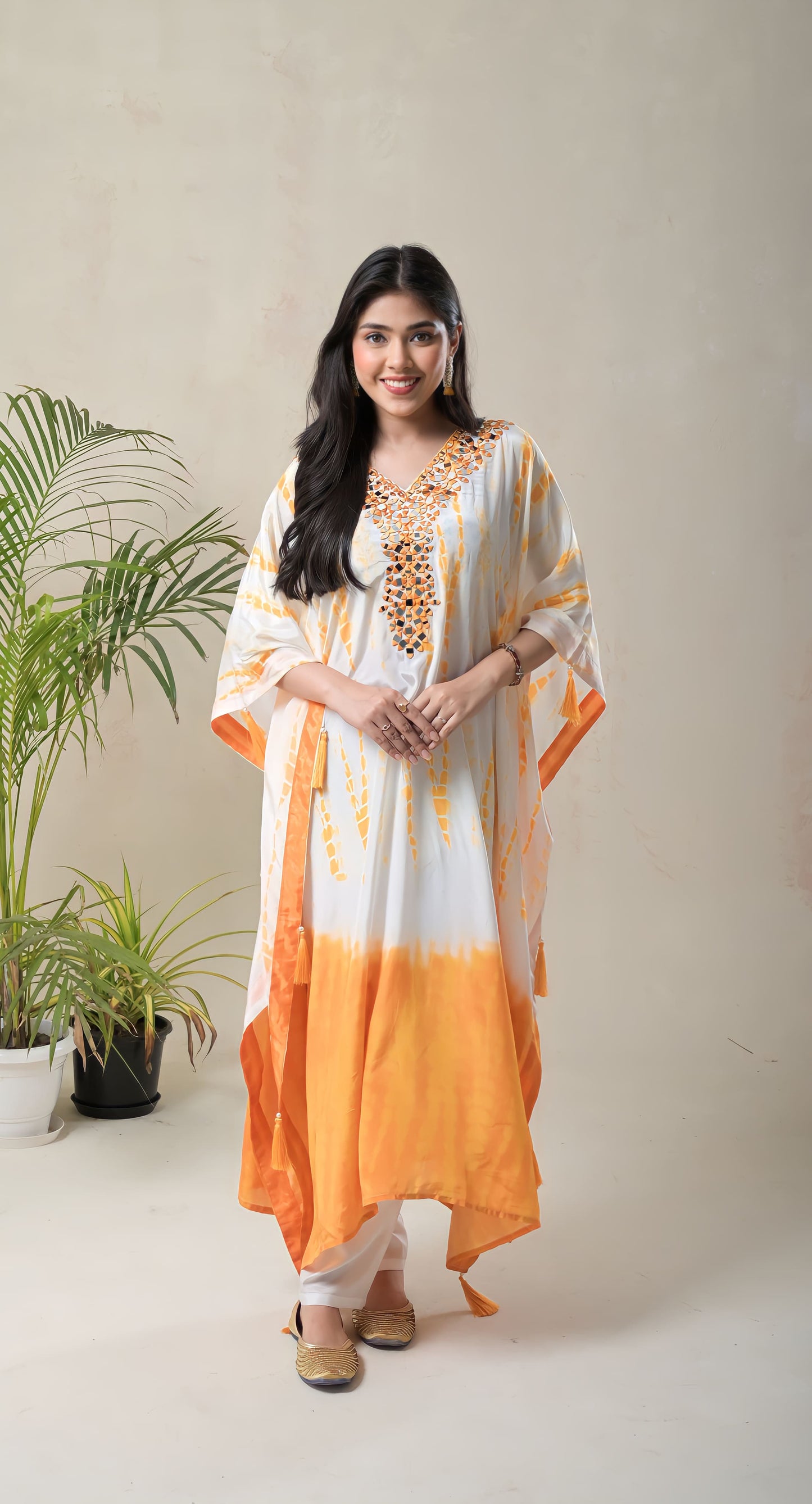 white & yellow ombre, mirror work, crepe , kaftan co-rd set