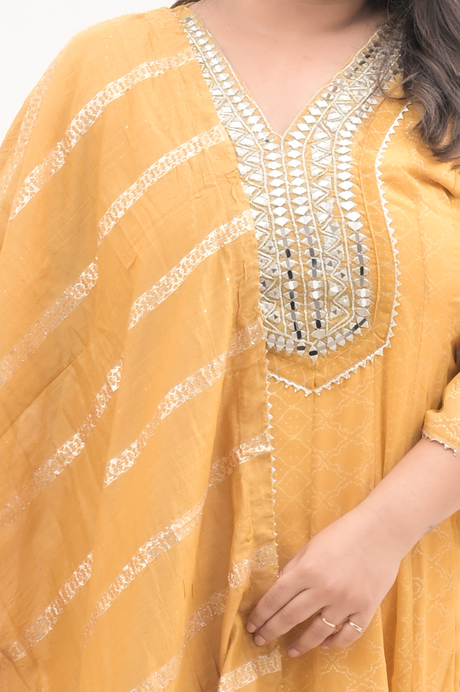 mustard yellow, foil print & mirror work, mustard,  georgette  anarkali suit