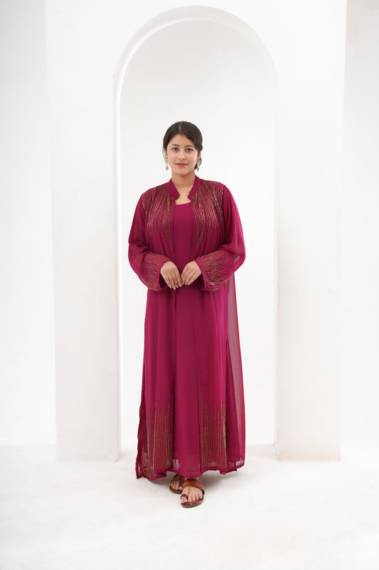 Wine, Zari & Cutdana Hand Embroidery, Viscose Georgette, Gown