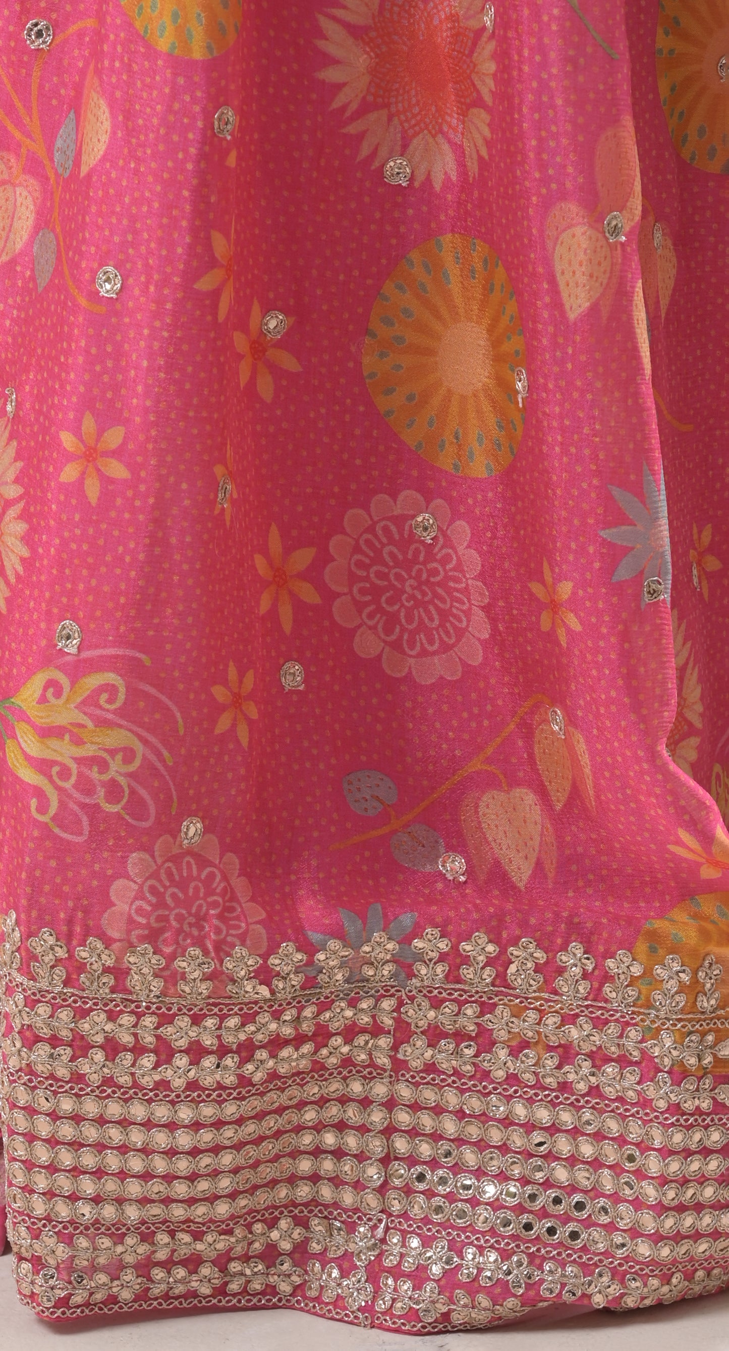 pink, chinon & crepe, floral print, gota patti gown