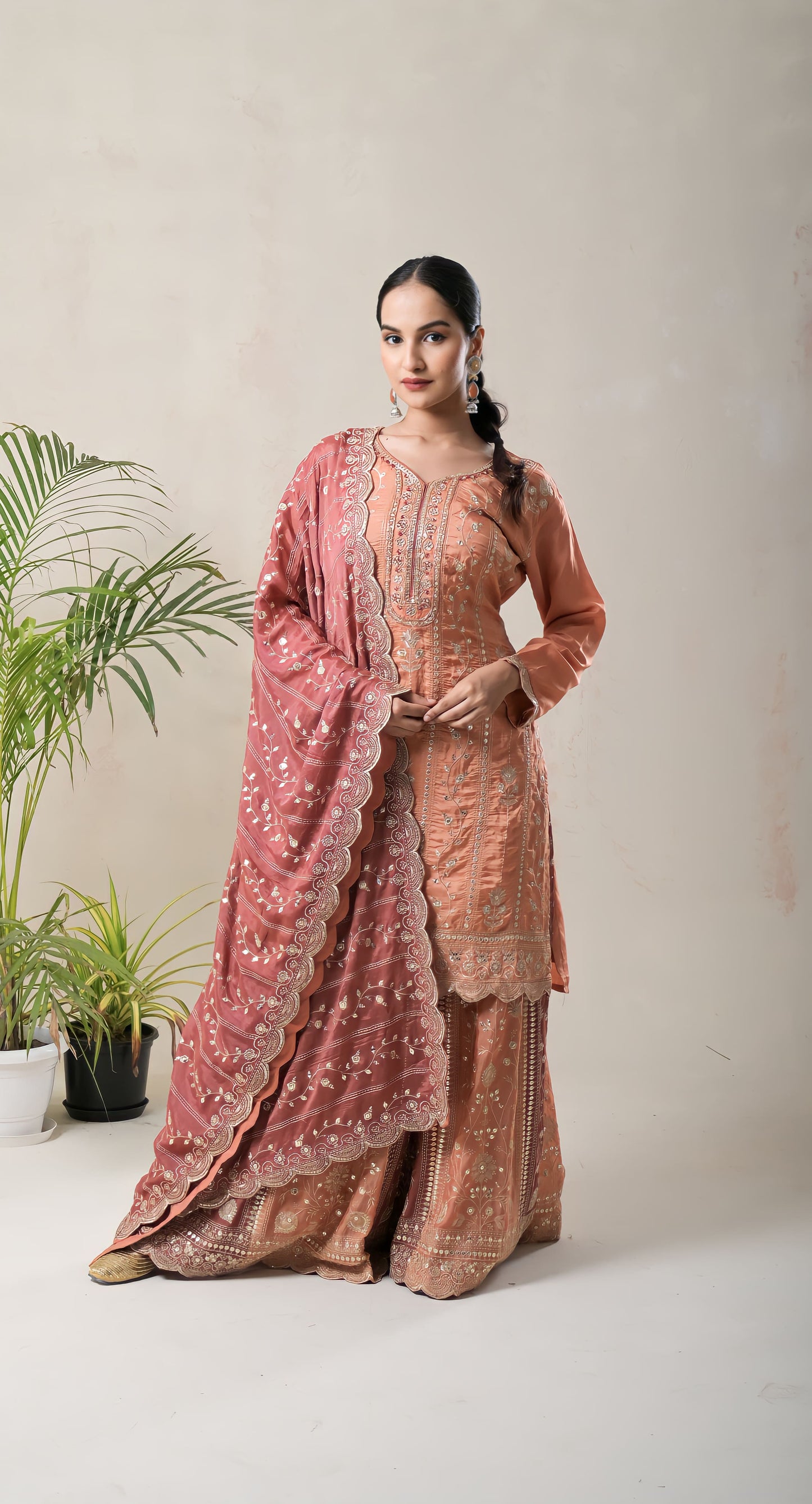 rust, aari work, silk lehnga