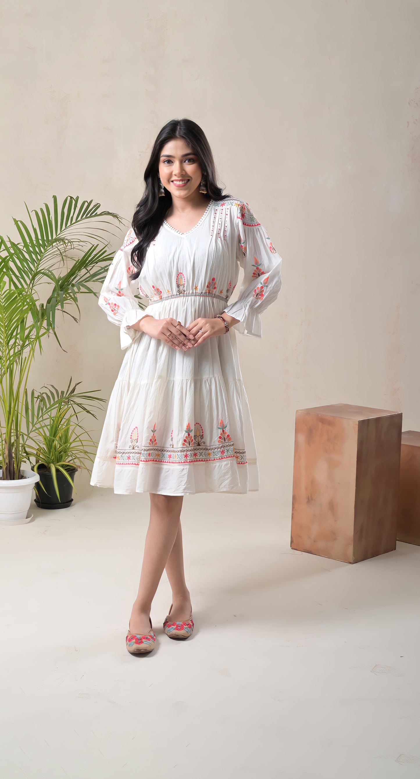 white, resham embroidery, tassels & dori, mul cotton, short dress