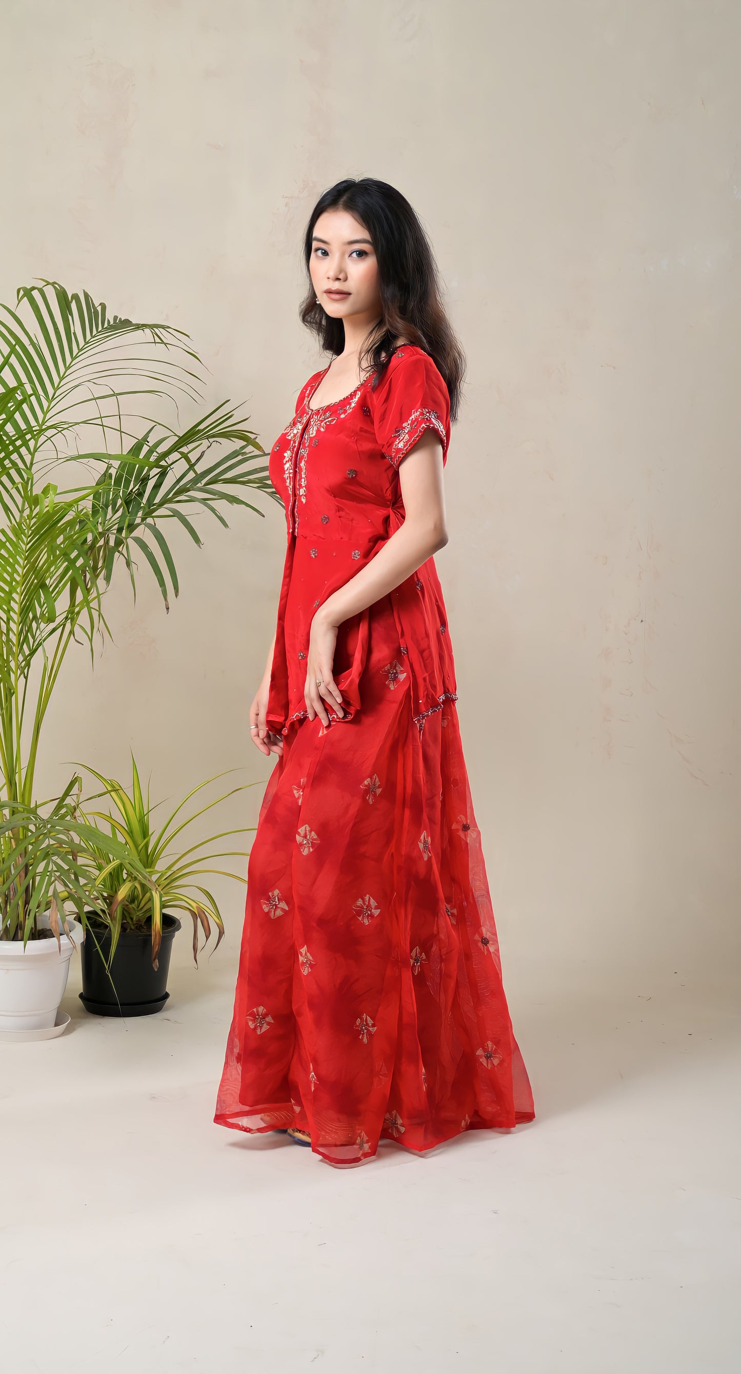 red, zari hand embroidery on top, tie dye pattern on palazzo