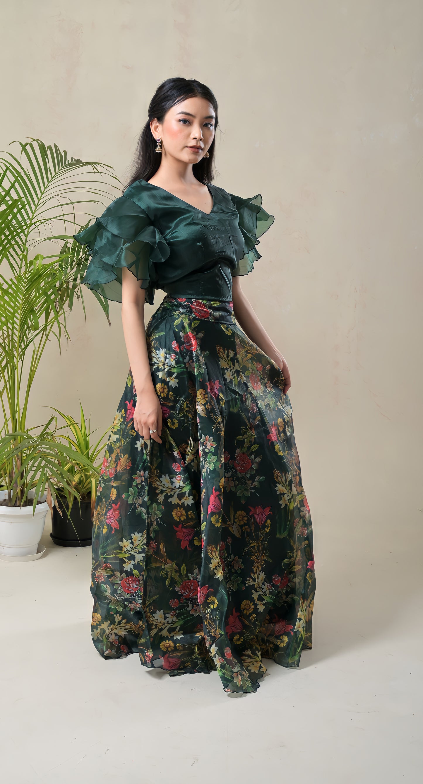 dark green, ruffle sleeves blouse, floral skirt, organza skirt set