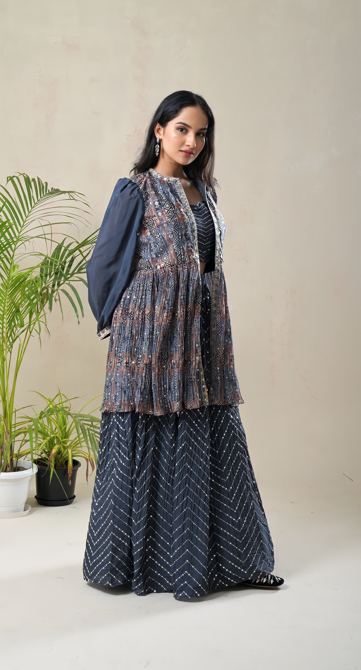 greyish blue, sequence work, jacket style, georgette, lehnga with crop top