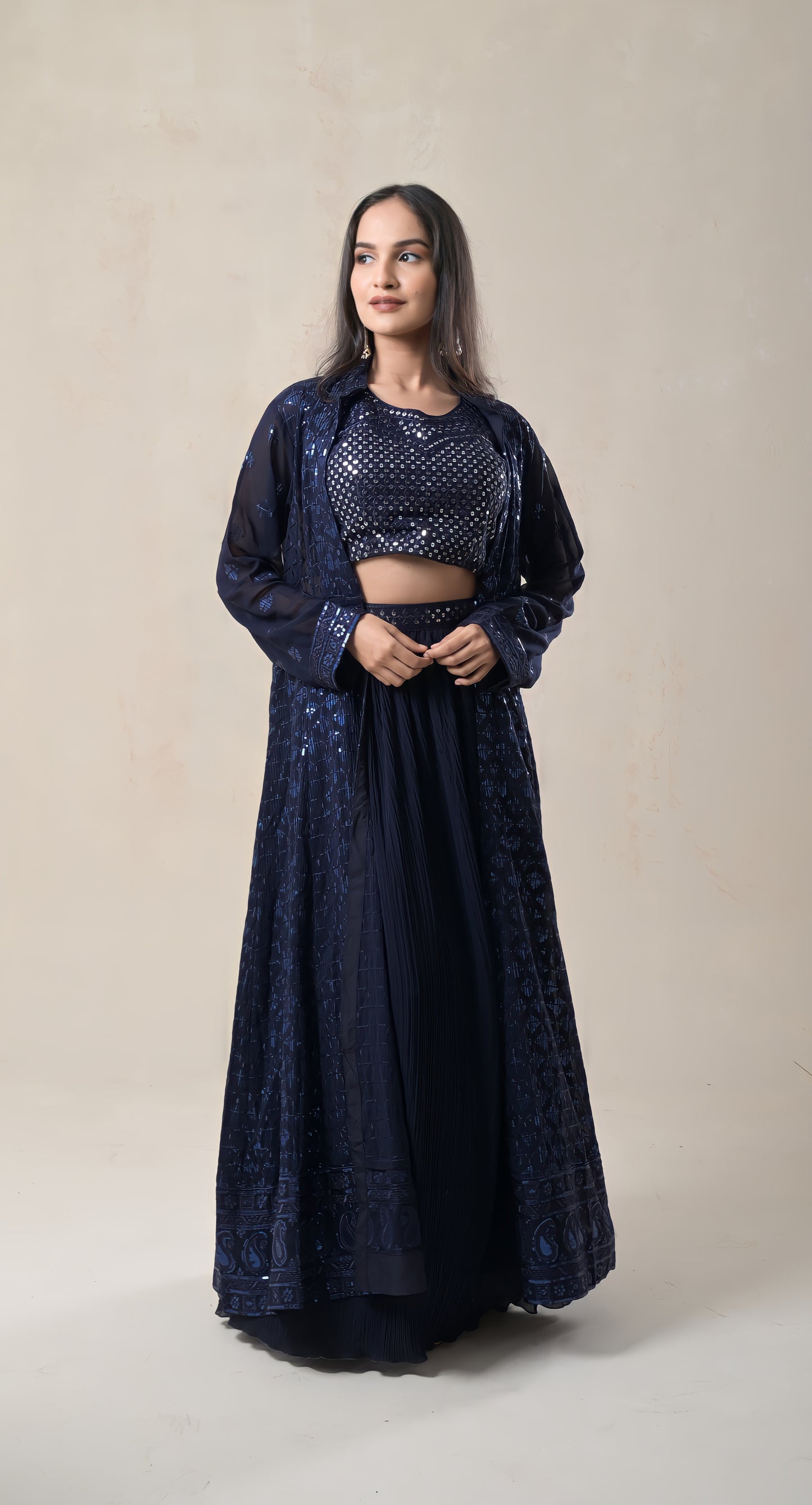 navy blue, long jacket style, crop top , mirror & sequence work, chinon, lehnga set